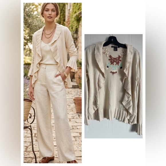 Central Park West Sweaters - Cream Silk Cashmere Cardigan Embroidered Size L Romantic Classic Style